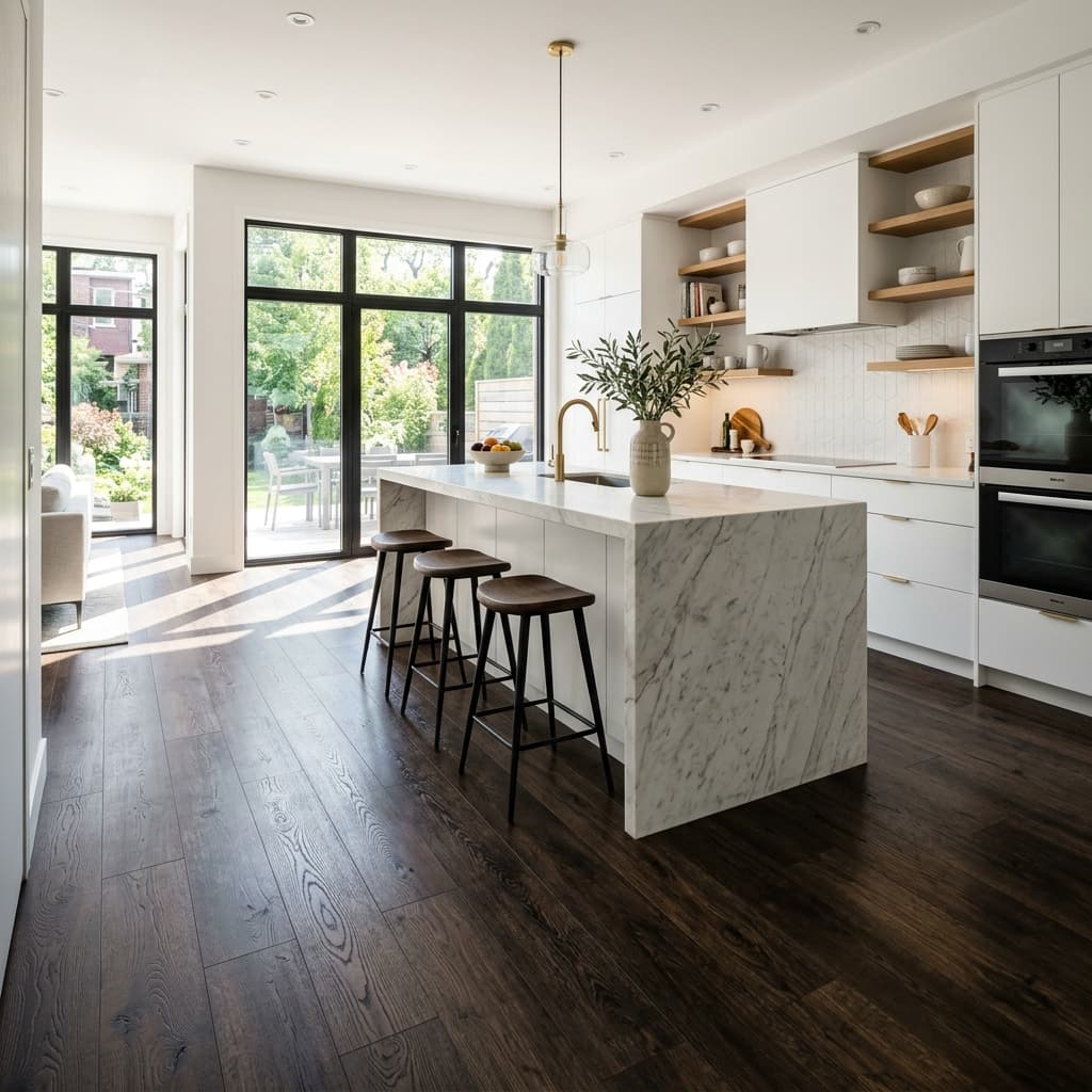 Espresso Brown SPC Luxury Vinyl Plank in a modern Winnipeg Kitchen